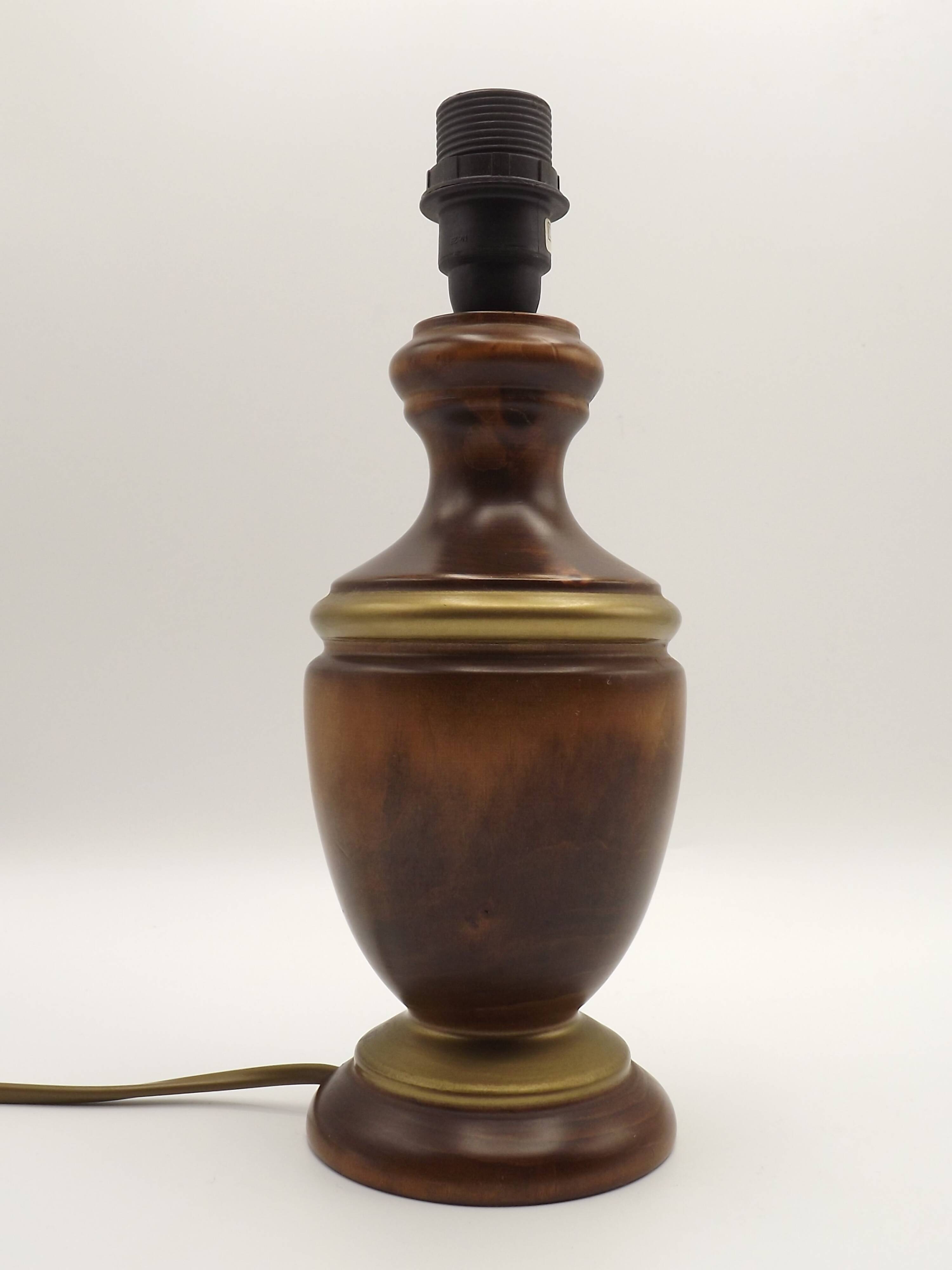 French Mid-Century Round Turned Wood Table Lamp with Hide Skin Shade