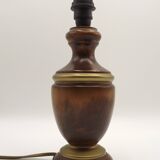 French Mid-Century Round Turned Wood Table Lamp with Hide Skin Shade