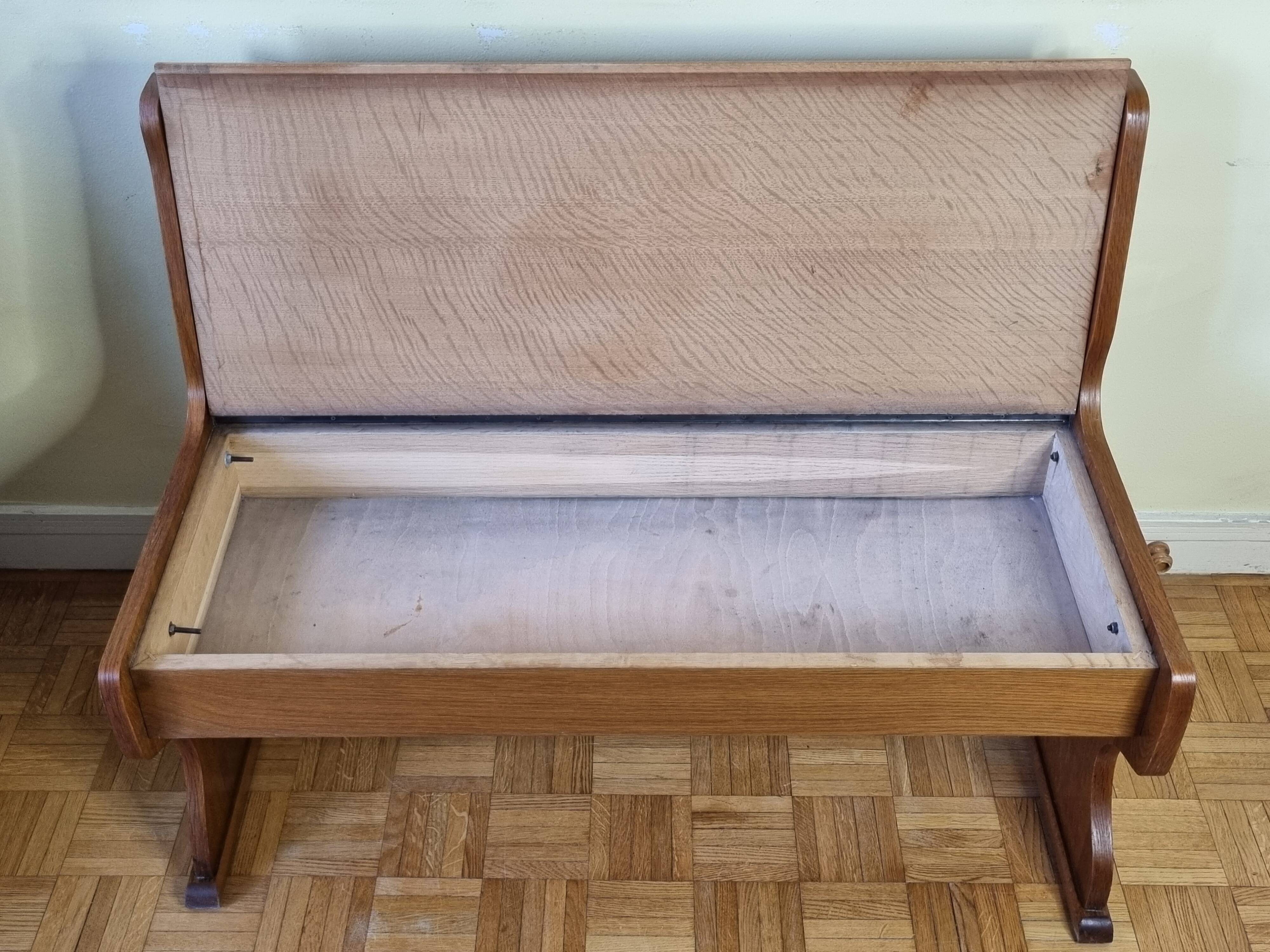 Vintage oak bench with storage compartment, two-seater, 104 cm