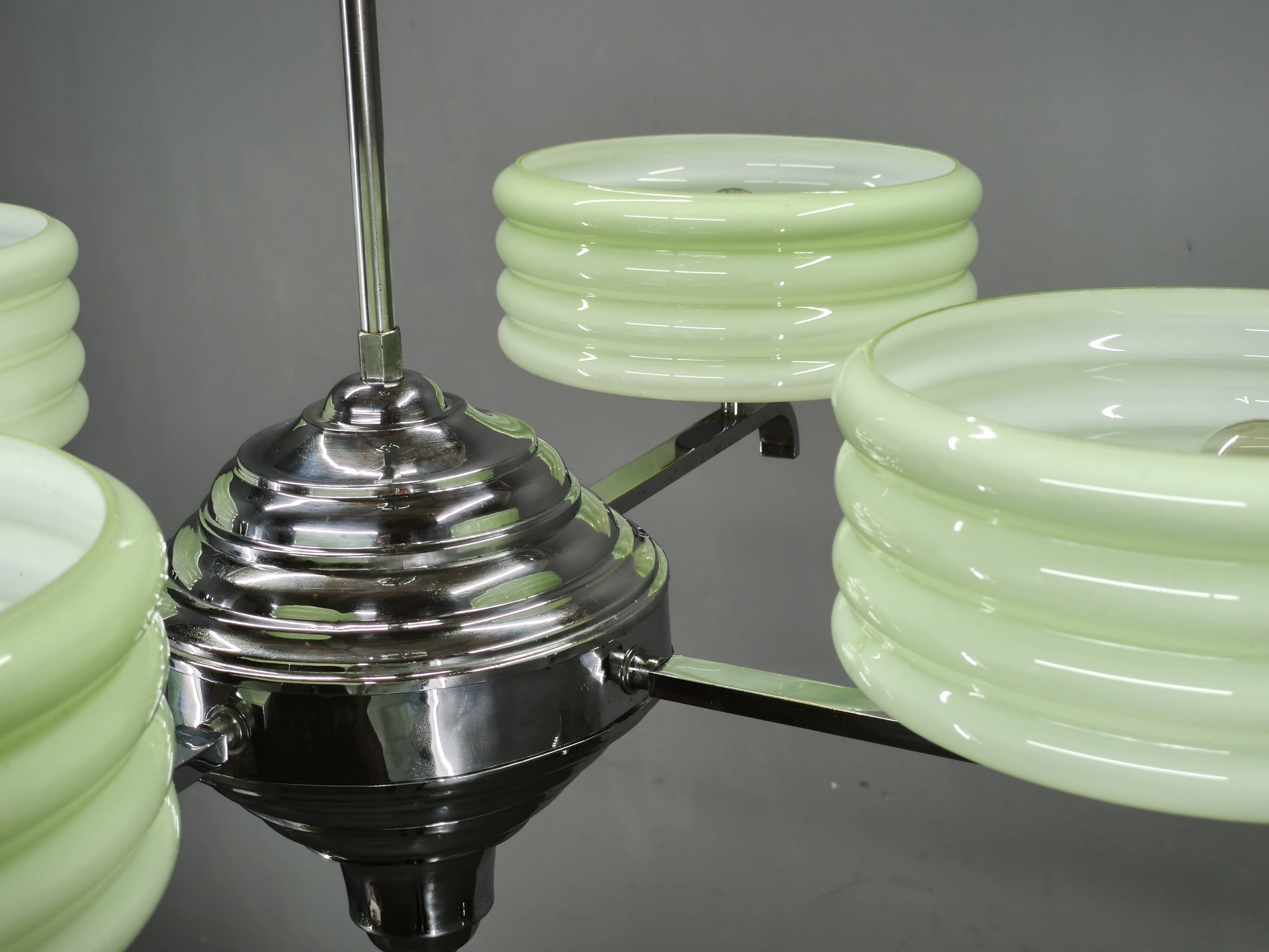 Art Deco Green Opaline Glass Chandelier, Czechoslovakia 1930s