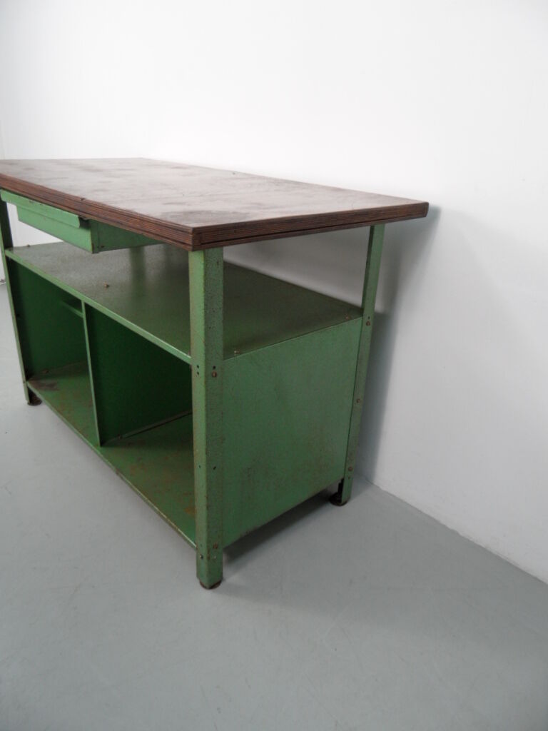 Industrial metal workbench with wooden top 1960s
