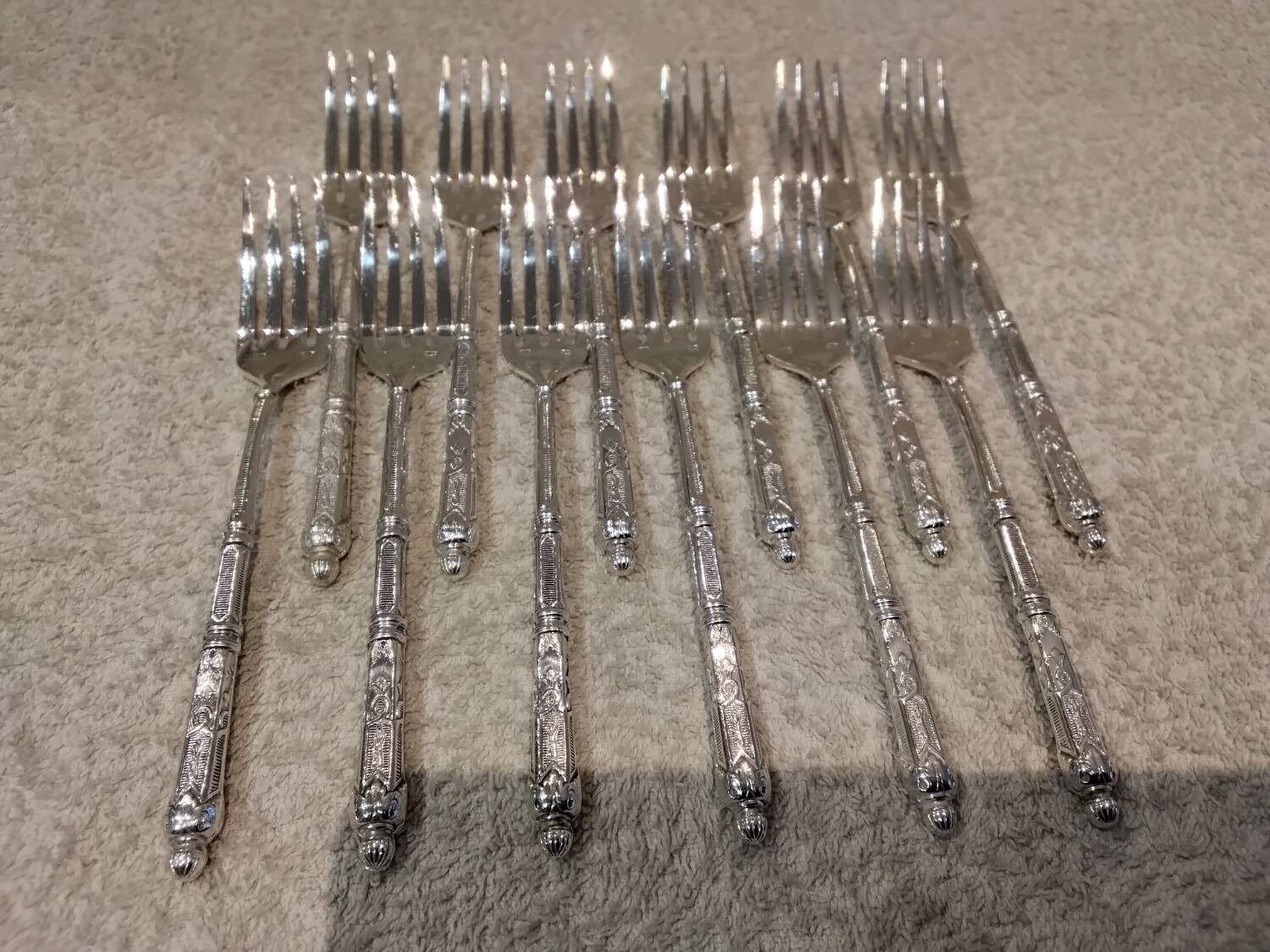 12 four-pronged lunch forks, silver-plated metal, SFAM silversmith, Russian style