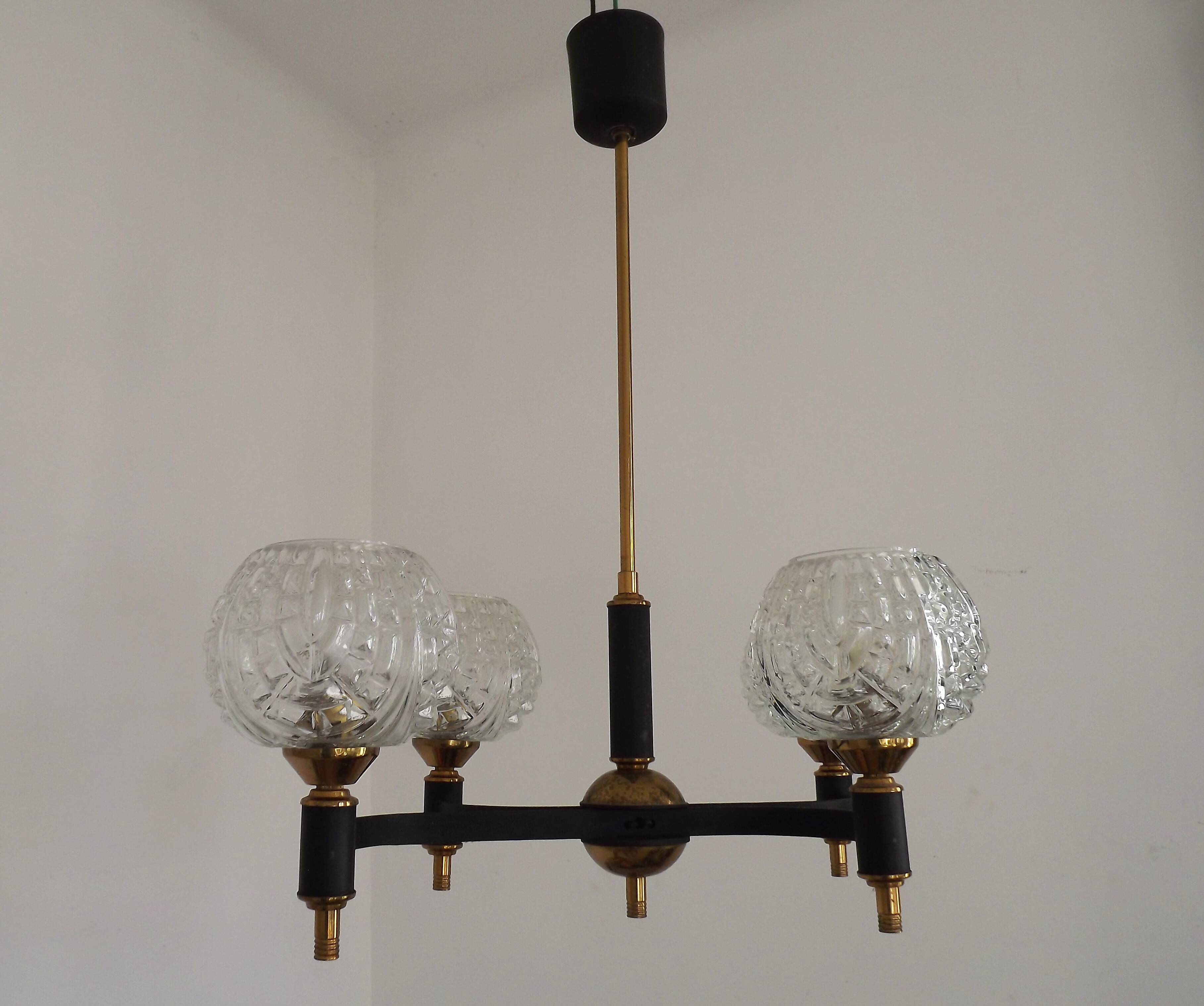 French Vintage Retro Mid Century Black & Gold 4 Arm Chandelier with Glass Shades 5015