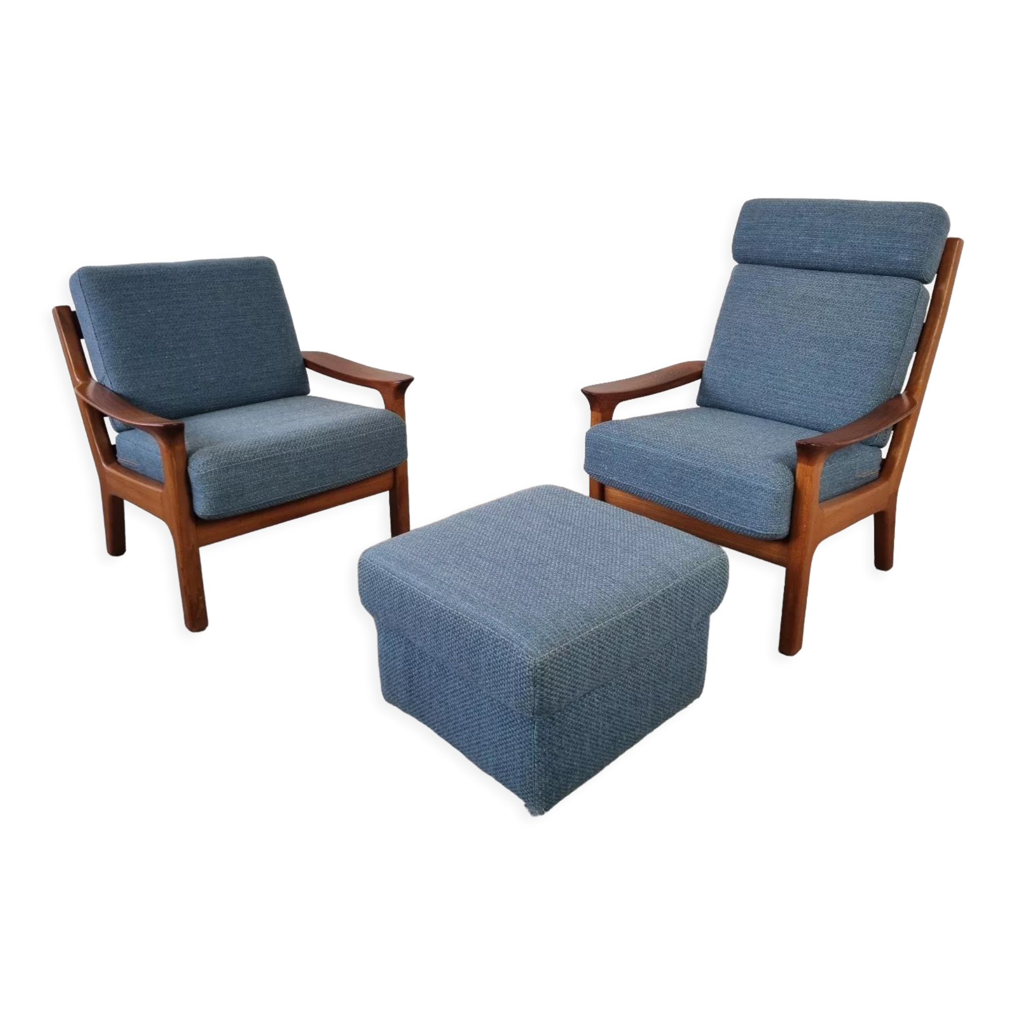 Pair of armchairs and Scandinavian teak ottoman by Juul Kristensen, Denmark 1970s