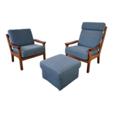 Pair of armchairs and Scandinavian teak ottoman by Juul Kristensen, Denmark 1970s
