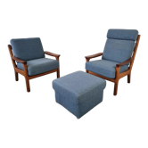 Pair of armchairs and Scandinavian teak ottoman by Juul Kristensen, Denmark 1970s
