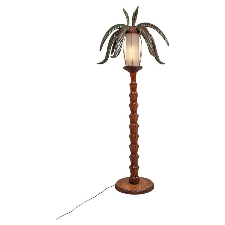 Palm floor lamp carved hand in wood and skin 1970s