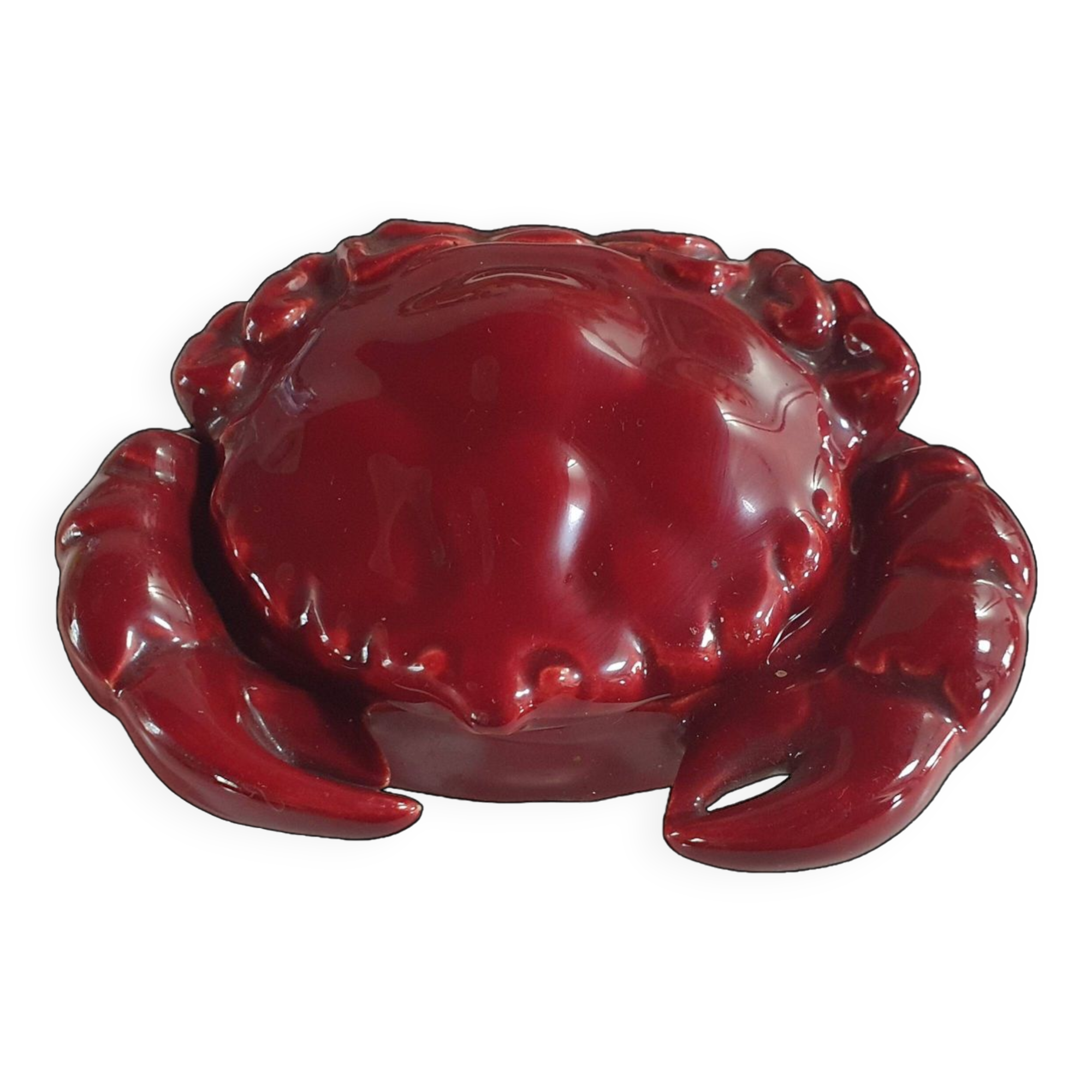 burgundy red slip ceramic box in the shape of a vintage crab