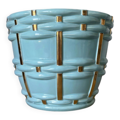 Cache-pot jardinière Saint-Clément signé Blanche Letalle modèle 4086-000 en céramique bleu et dorure – 28 cm