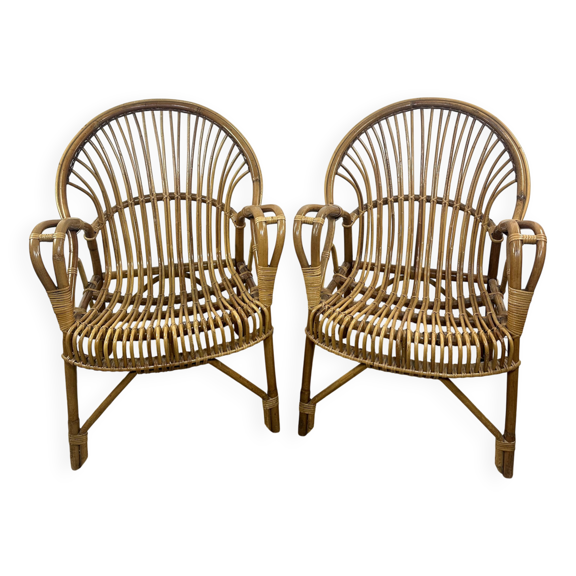 Fauteuils (la paire) vintage 1960 en rotin et bambou