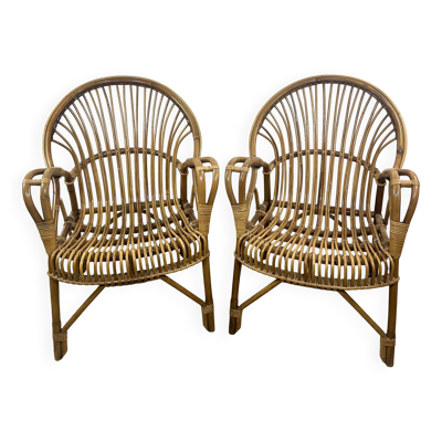 Fauteuils (la paire) vintage 1960 en rotin et bambou