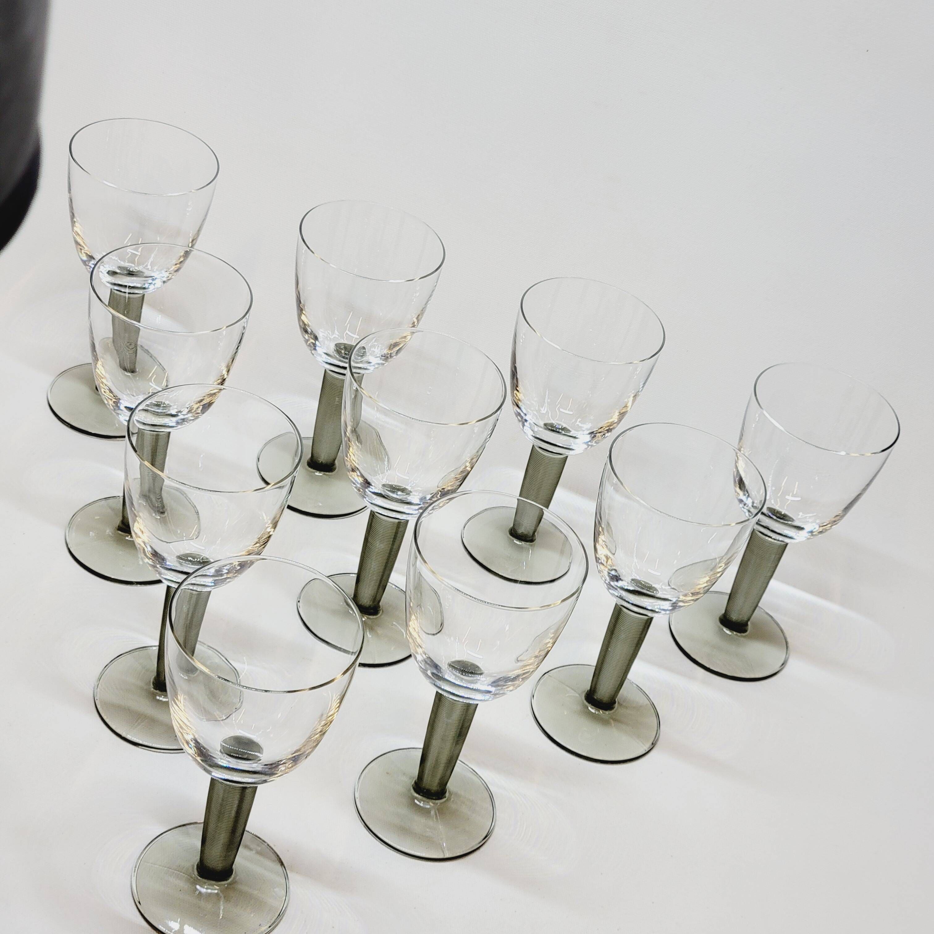 10 Bormioli Rocco Vintage Crystal Wine Glasses with Grooved Grey Stem