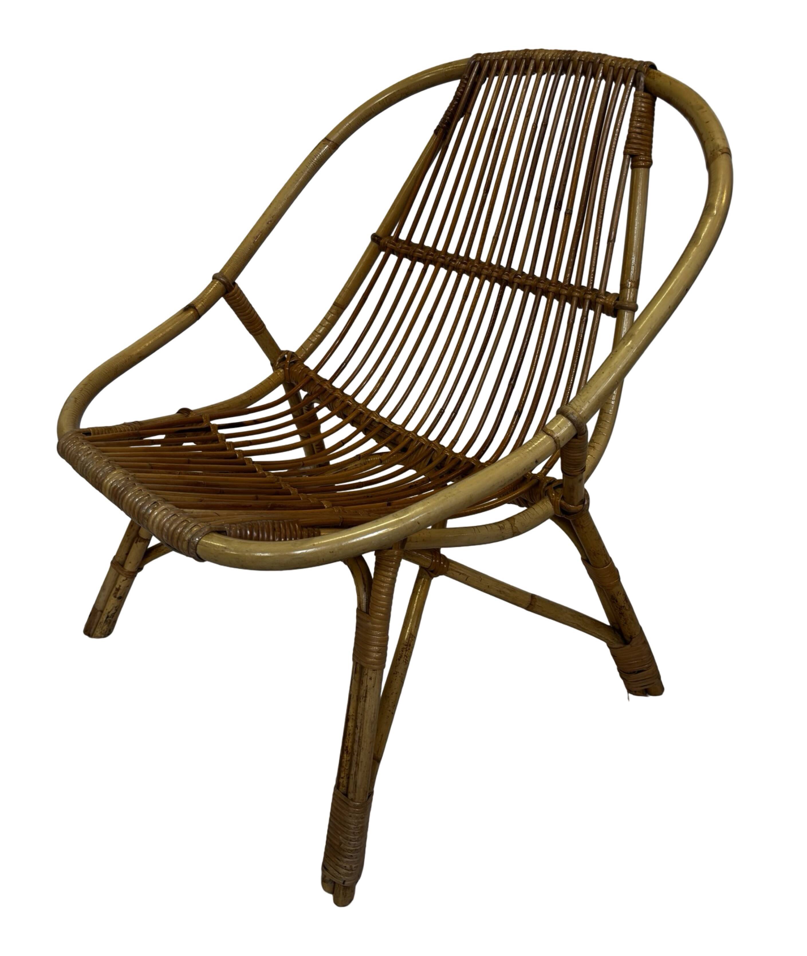 Ensemble vintage de 4 fauteuils club en rotin Rohe Noordwolde 1960