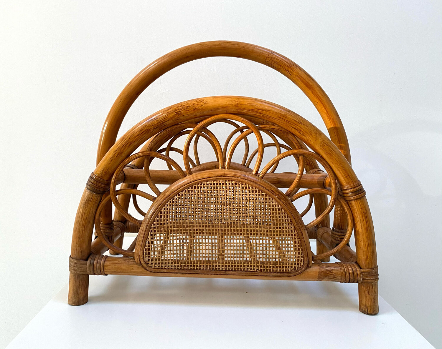 Rattan and bamboo magazine holder from the 70s