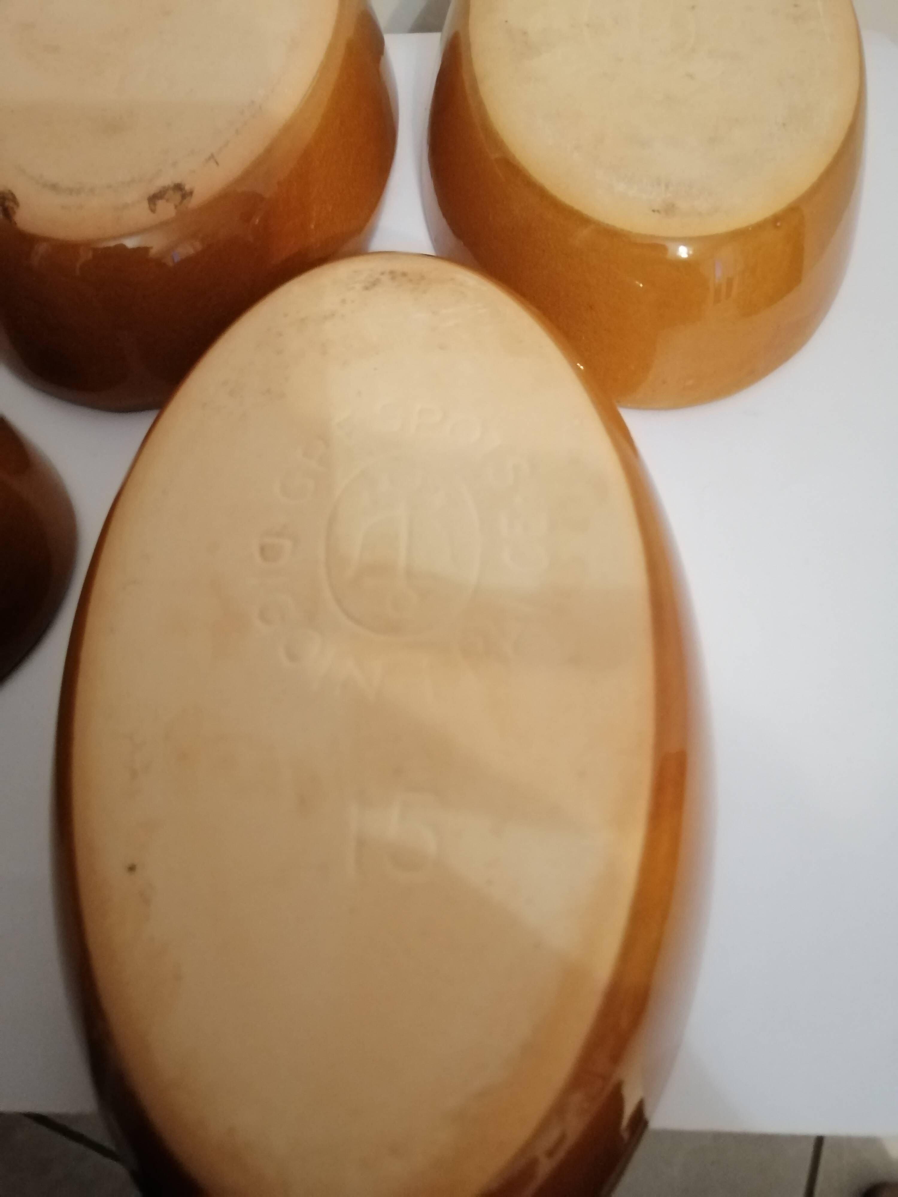 Set of 5 small old enameled terracotta dishes