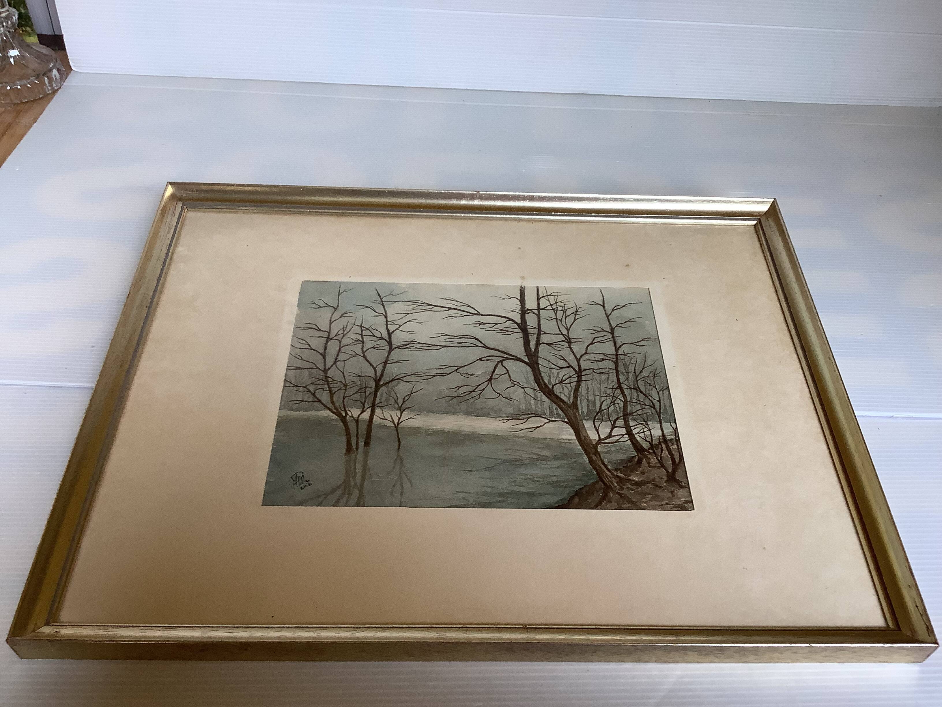 Winter landscape frame gouache