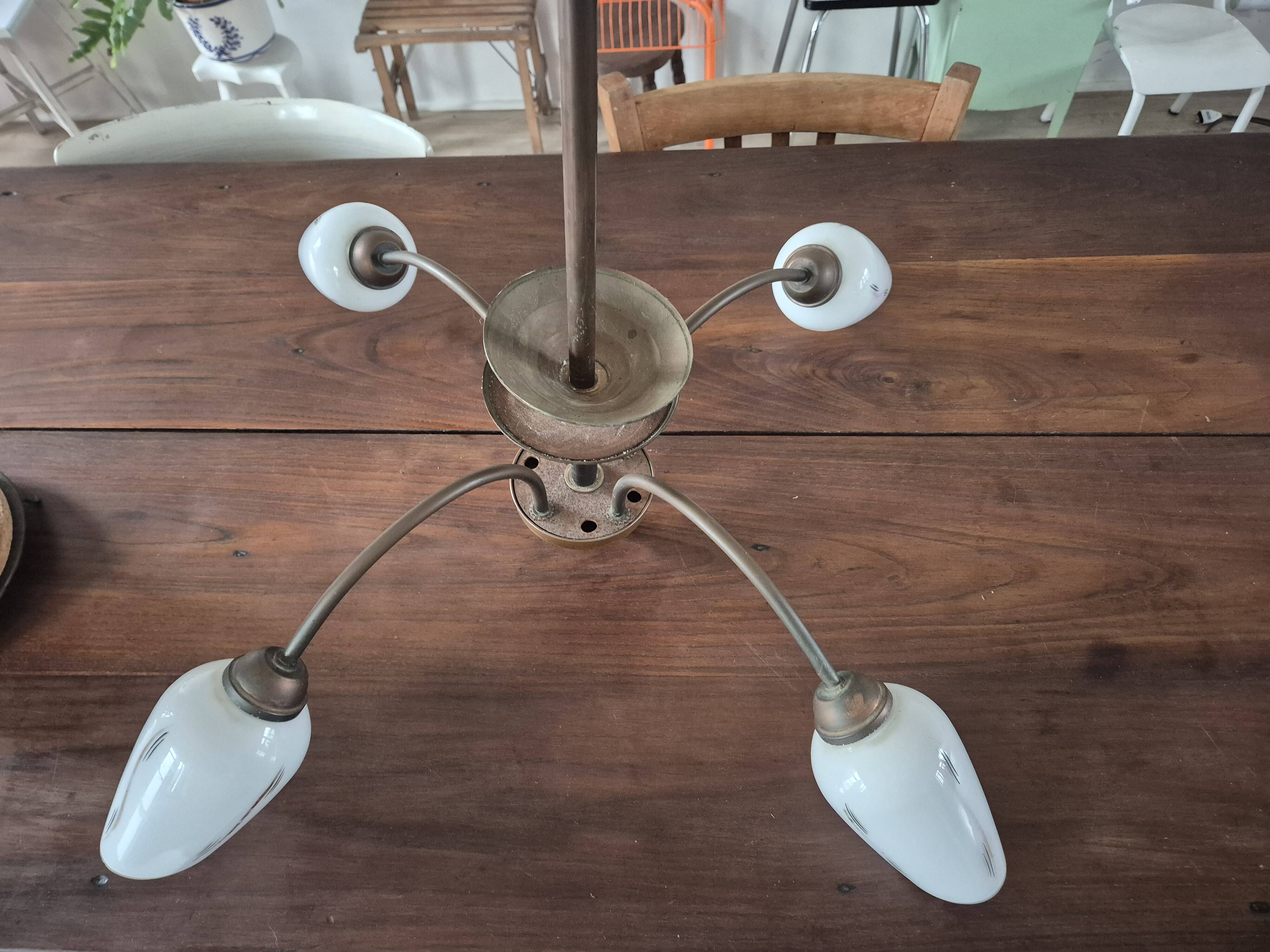 vintage pendant light from the 50s, brass and metal, tulip diffuser