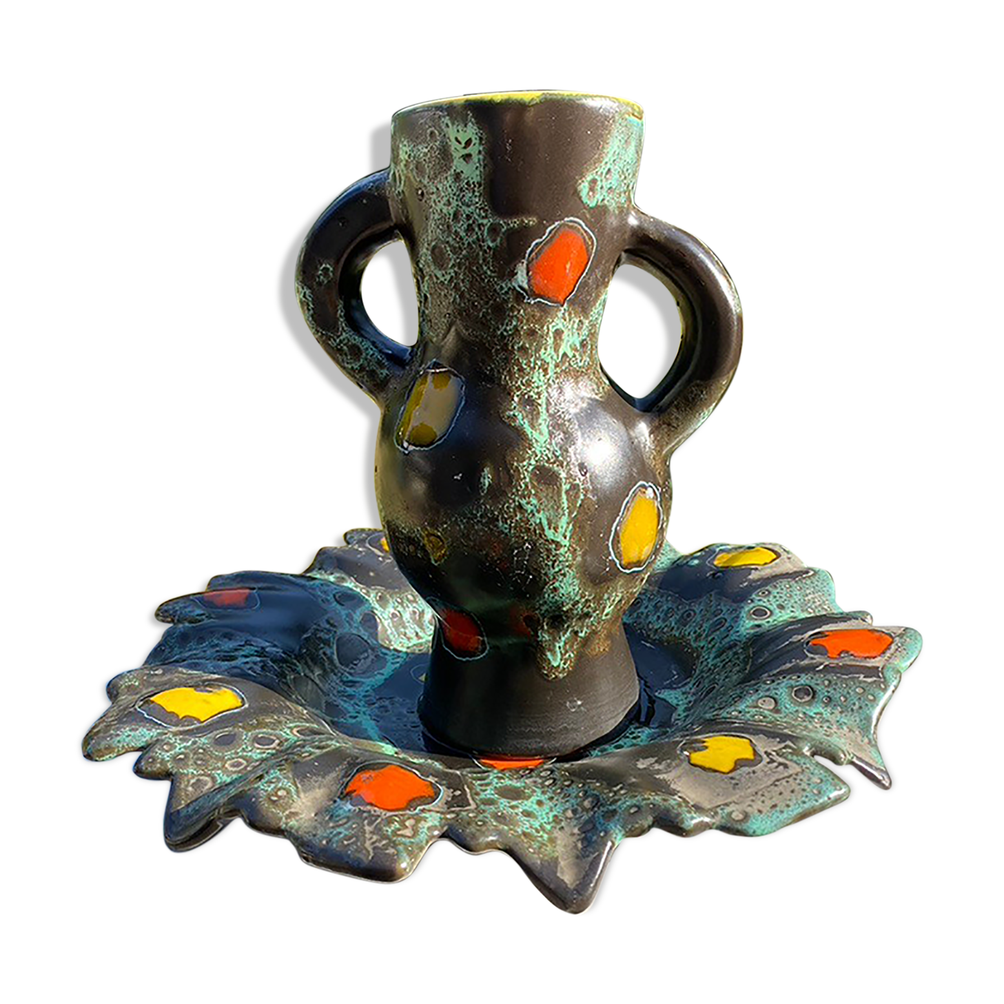 Vase and dish poet laval 1950/60 free form signed yvonne