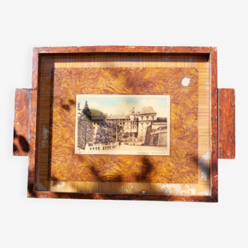 Plateau vintage en bois avec carte postale ancienne du chateau Blois (dos motif Vichy)