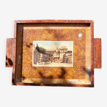 Vintage wooden tray with old postcard of Chateau Blois (Vichy pattern back)