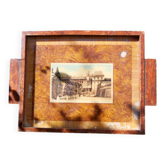 Plateau vintage en bois avec carte postale ancienne du chateau Blois (dos motif Vichy)