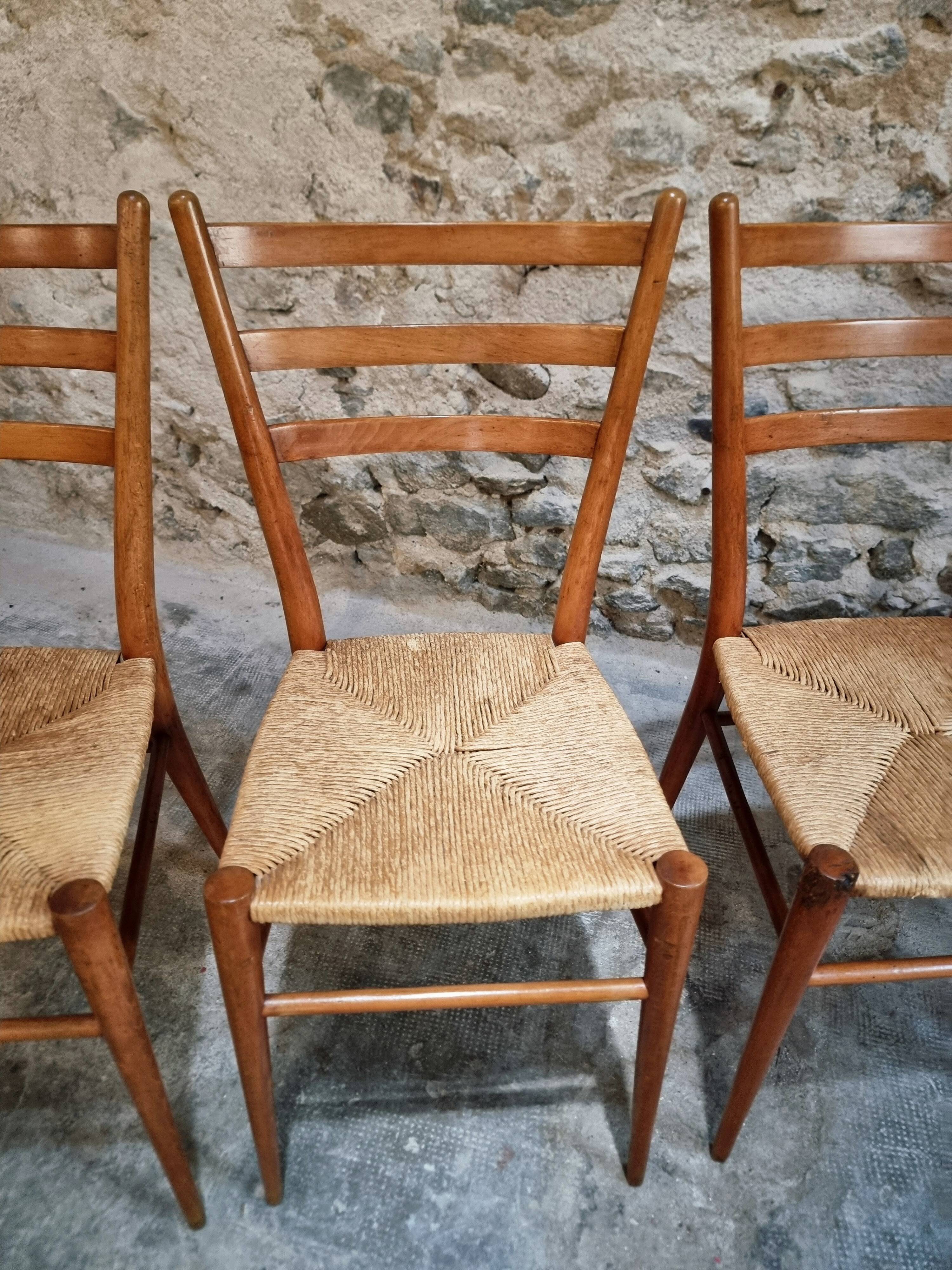 Ensemble de 4 chaises de salle à manger italiennes mid-century avec assises tressées, vers 1950–1970