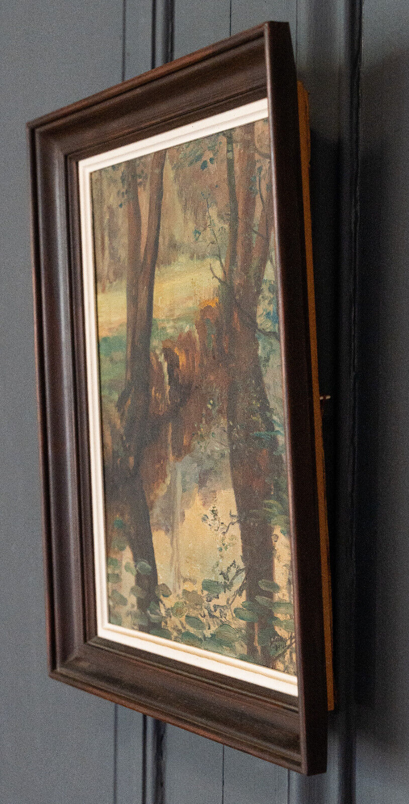 Oil on panel by Feldkricher 1942 undergrowth and river XXth