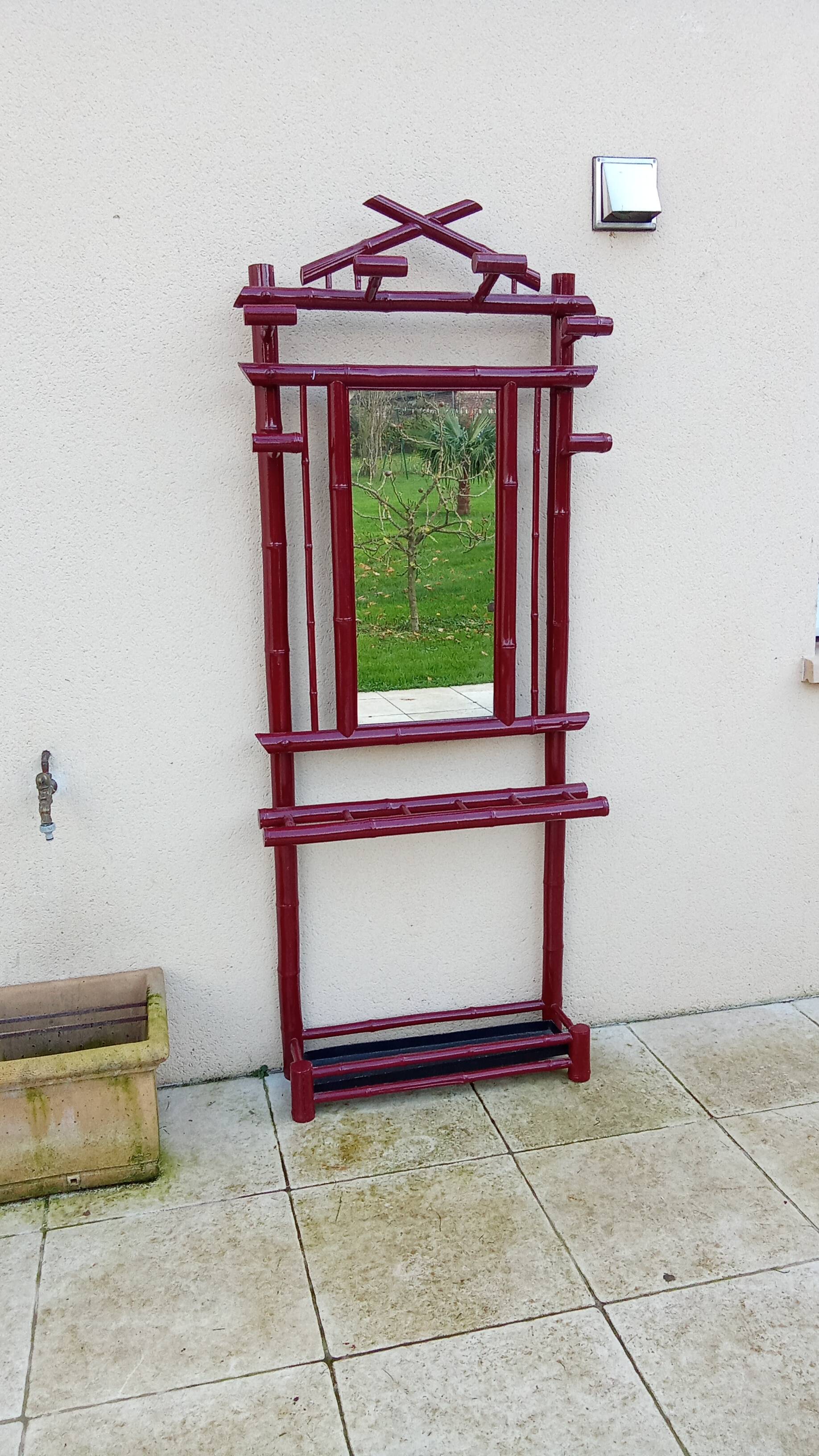 Old vintage red lacquered bamboo Asian coat rack
