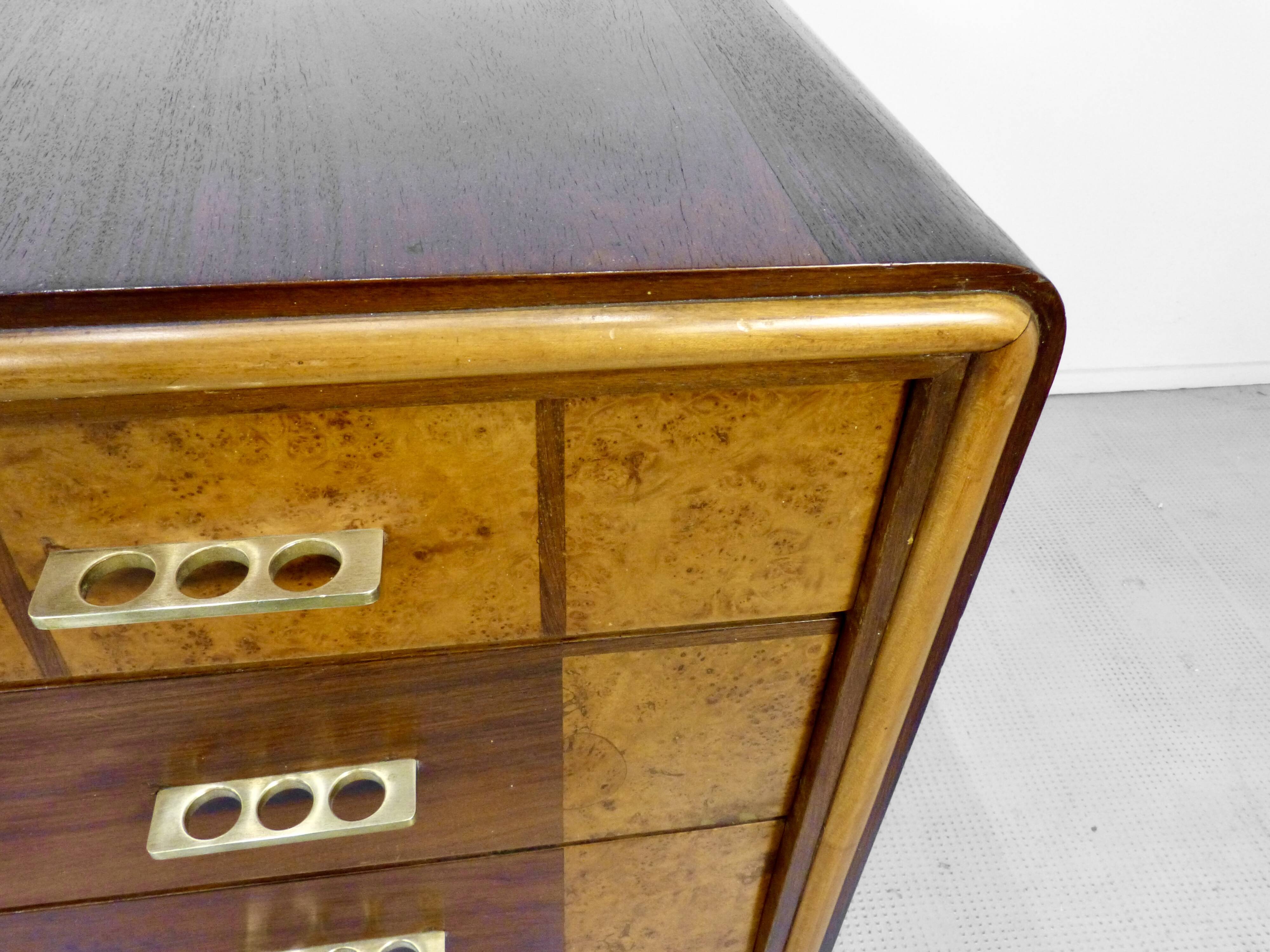 Italian Art Deco Desk In Dark Walnut And Brass.