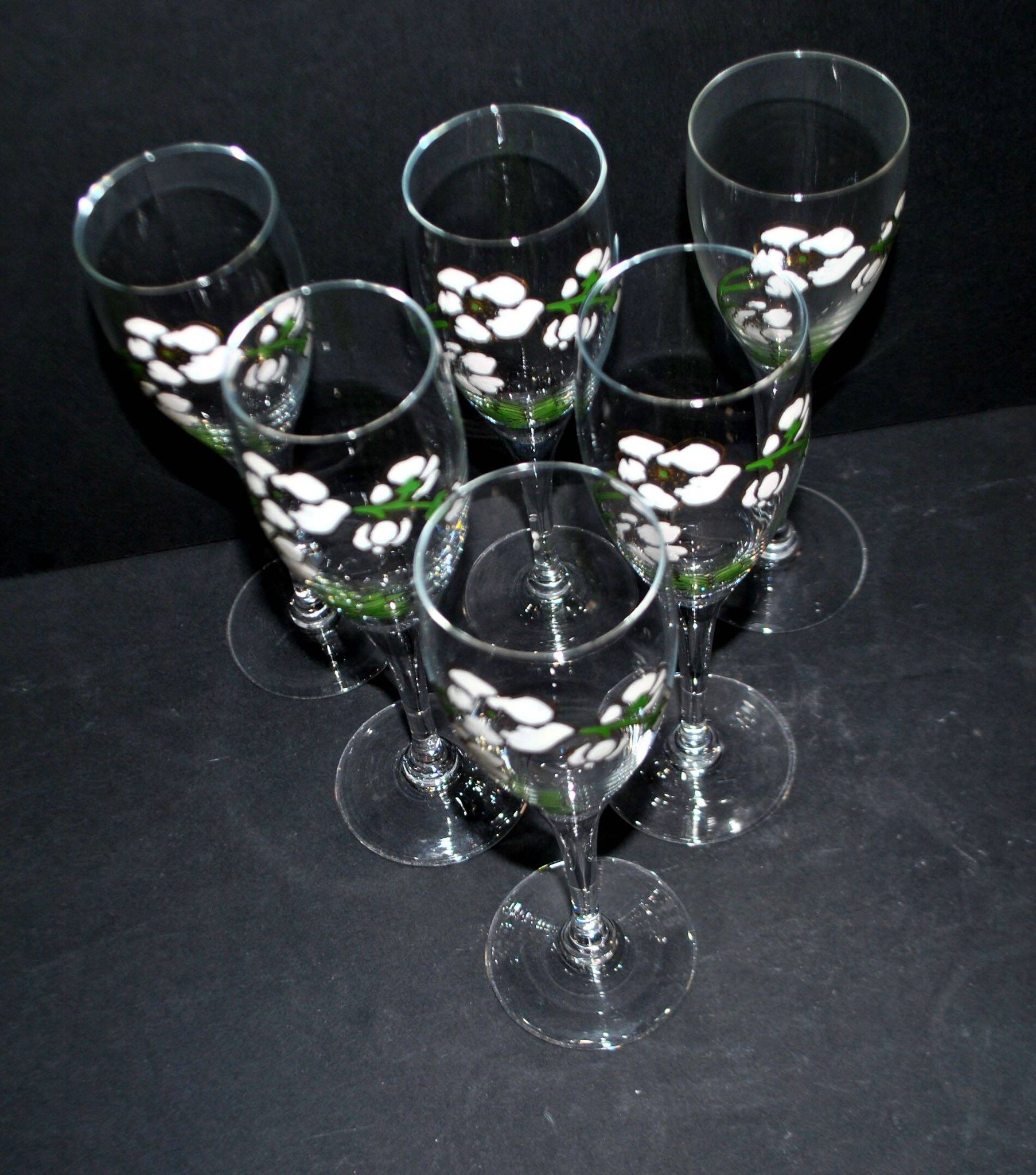 Perrier Jouet set of 6 Anemone Cuvée Belle Epoque champagne flutes in Gallé enamelled crystal