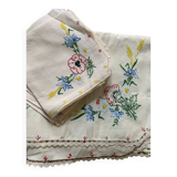 Ensemble nappe et 6 serviettes en lin brodé vintage 50