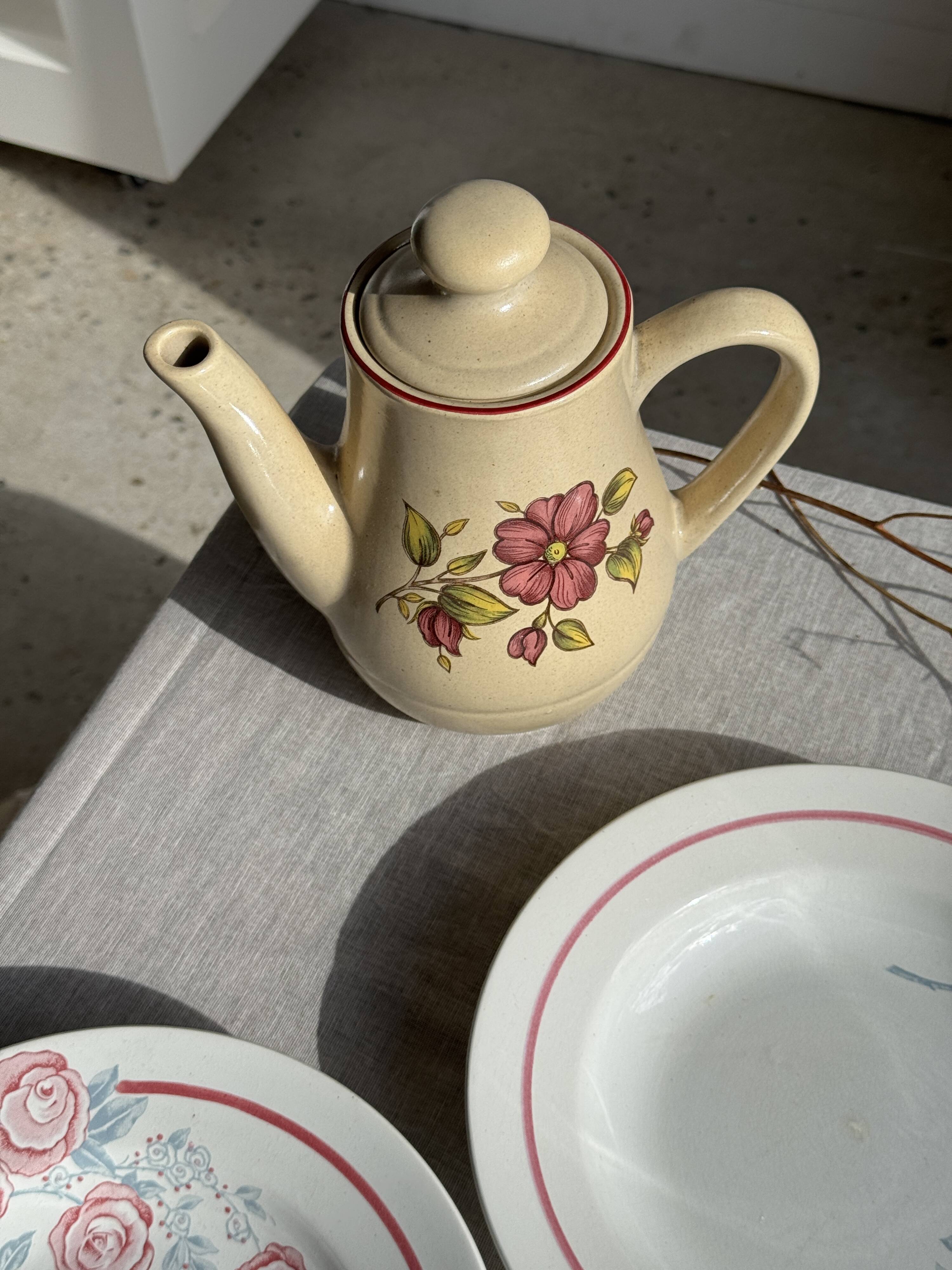 Vintage beige stoneware teapot with pink flower pattern H22