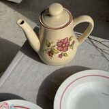 Vintage beige stoneware teapot with pink flower pattern H22
