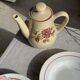 Vintage beige stoneware teapot with pink flower pattern H22