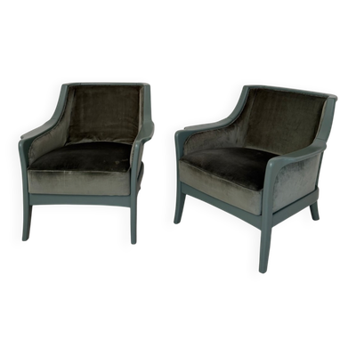 Paire de fauteuils de salon en velours vert et bois laqué, France, 1950