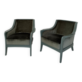 Pair Lounge Chairs in green velvet and lacquered wood, France, 1950
