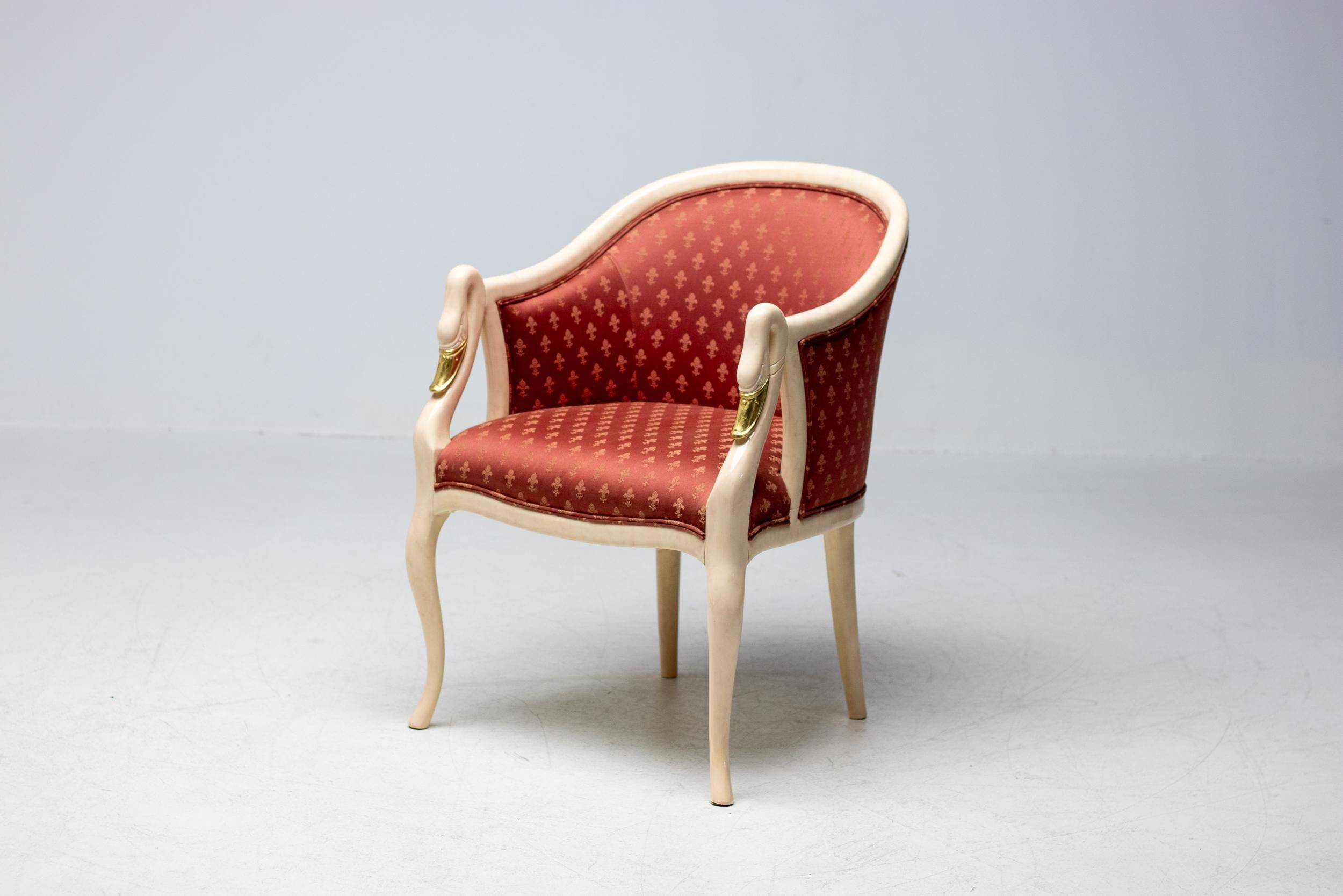 Trüggelmann - Swan neck armchair - Marble and gold base, poppy red damask