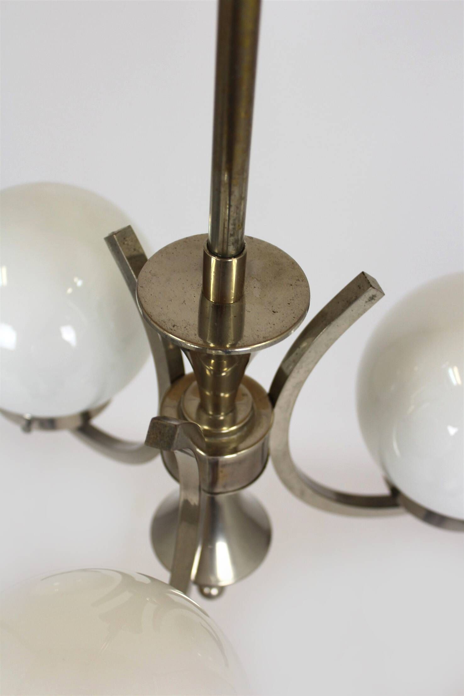 Vintage Czech Bauhaus style pendant light, tall, with opaline glass globes, 1940s