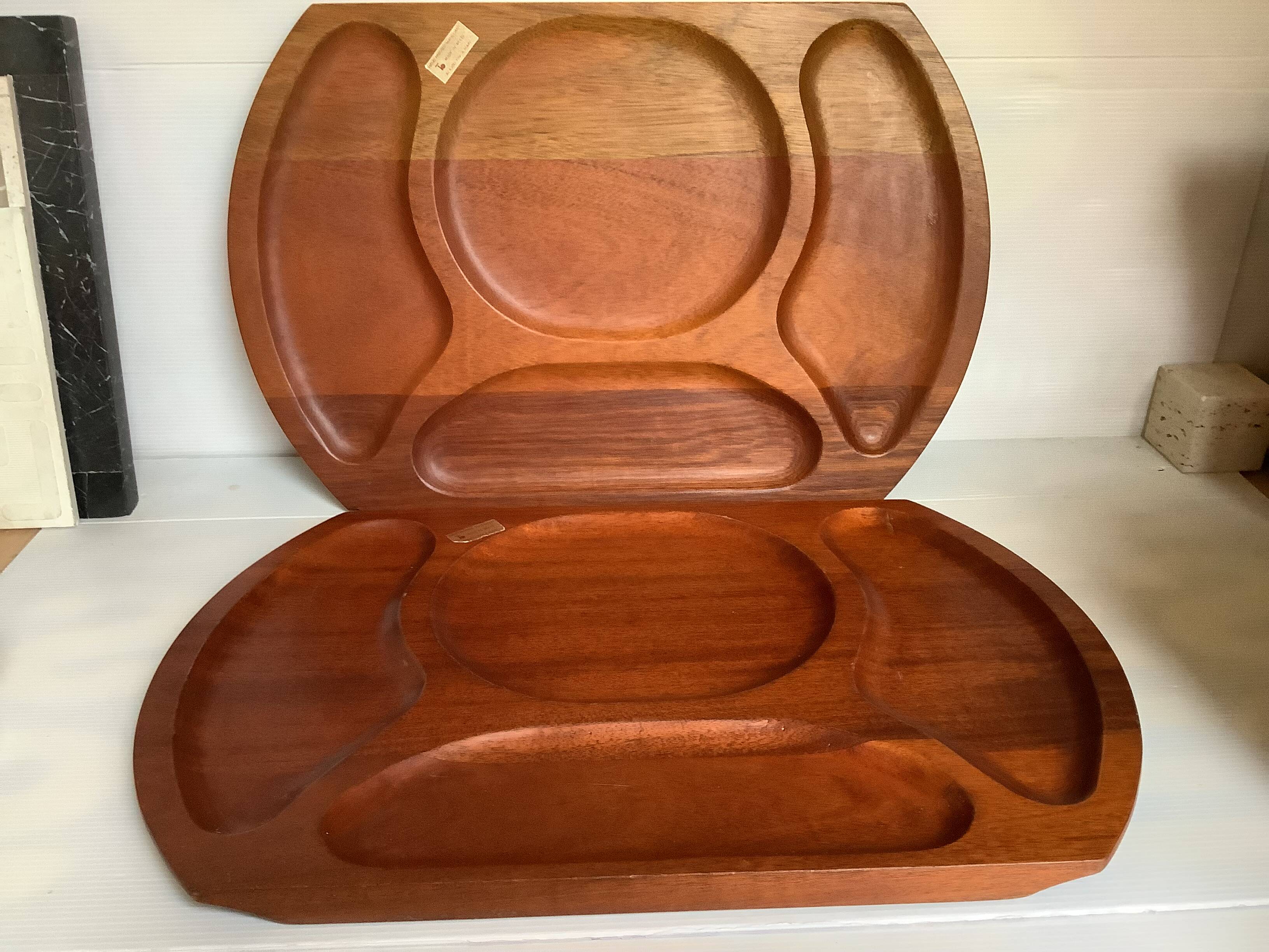 Pair of wooden snack meal trays with compartments.