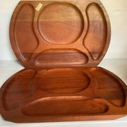 Pair of wooden snack meal trays with compartments.