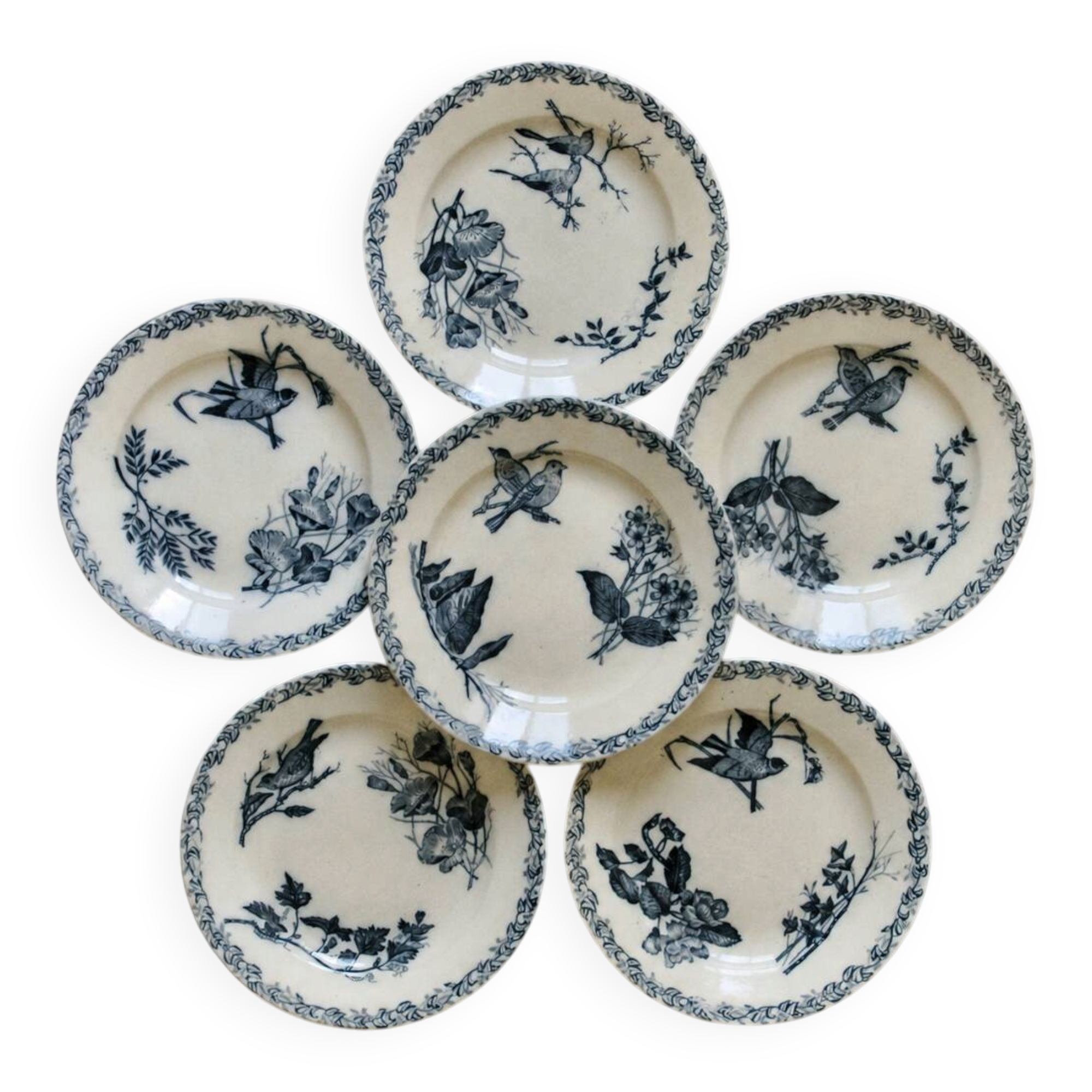 Assiettes plates oiseaux du XIXe siècle terre de fer signées Onnaing