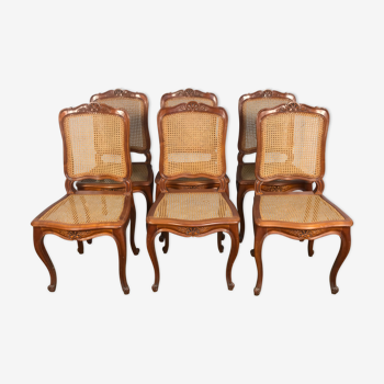 Set de 6 chaises Louis XV merisier et cannage