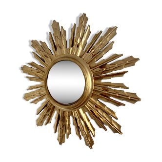 Vintage 1960s witch sun mirror in gold wood resin - 59cm