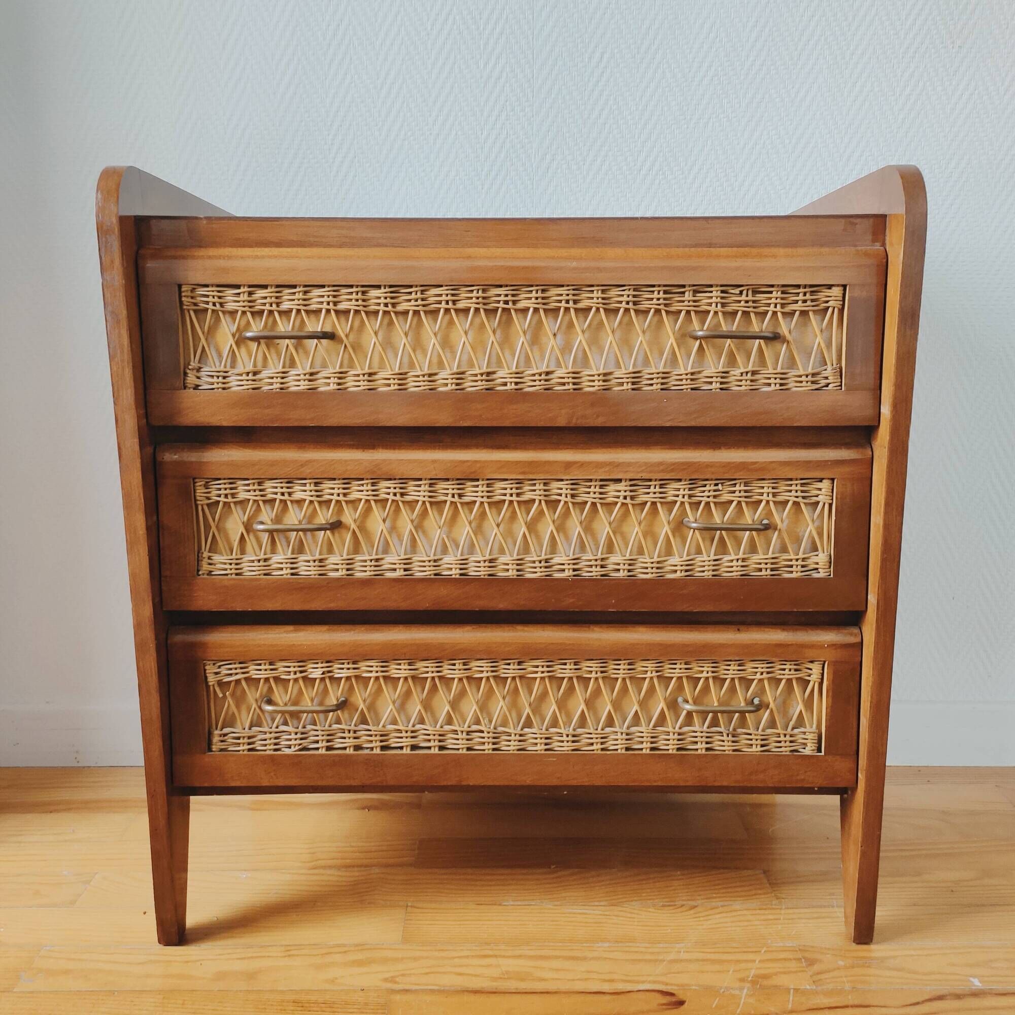 Vintage 1950 wood and rattan chest of drawers