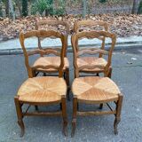 Four Louis XV chairs in solid oak and straw seats, 19th century