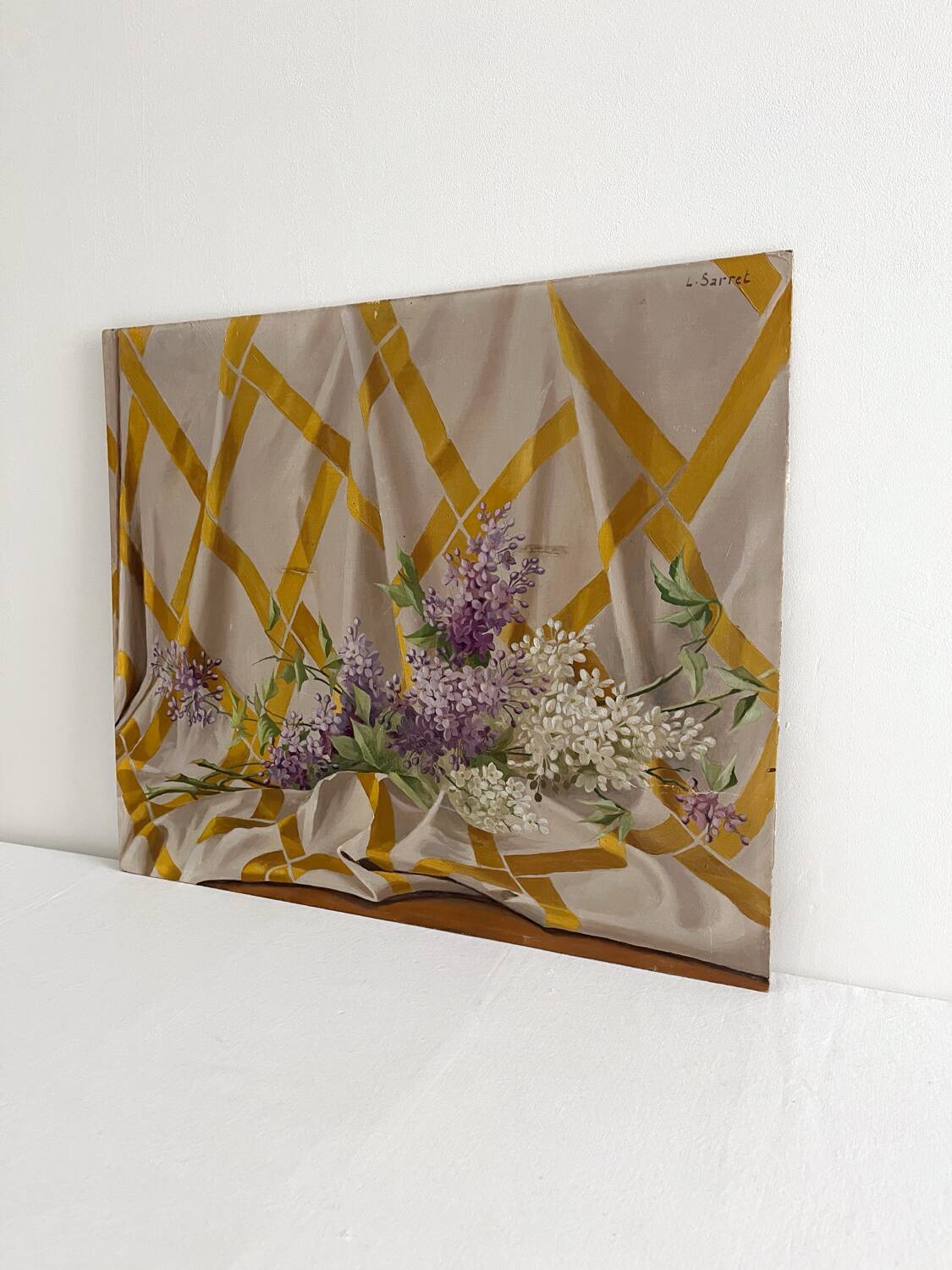 Old painting, oil on wood, lilac flowers on drapery by Sarret.