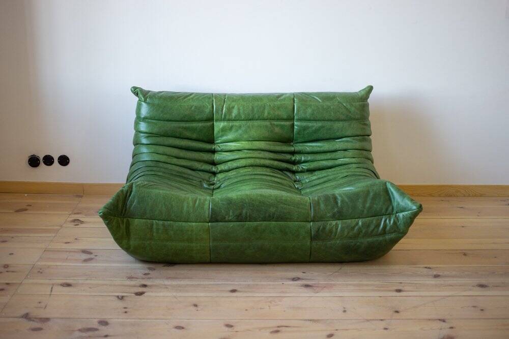 Ensemble de salon Togo en cuir vert, signé Michel Ducaroy pour Ligne Roset, 1979, ensemble de 5 pièces