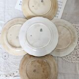 5 assiettes plates antiques faience d'Onnaing Nord motif fleuri et papillon bleu patine