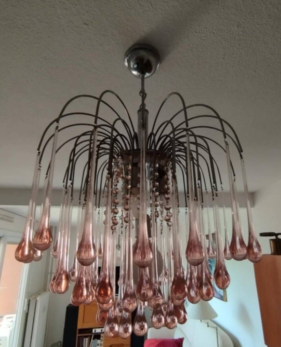 Paolo Venini: Cascade chandelier with pink Murano glass drops.