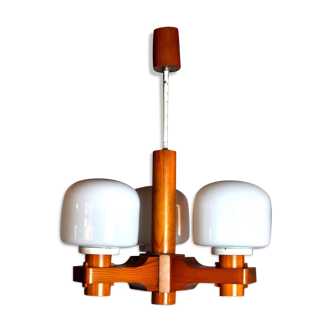 Nordic chandelier in Wood and Opaline, Denmark, 1970